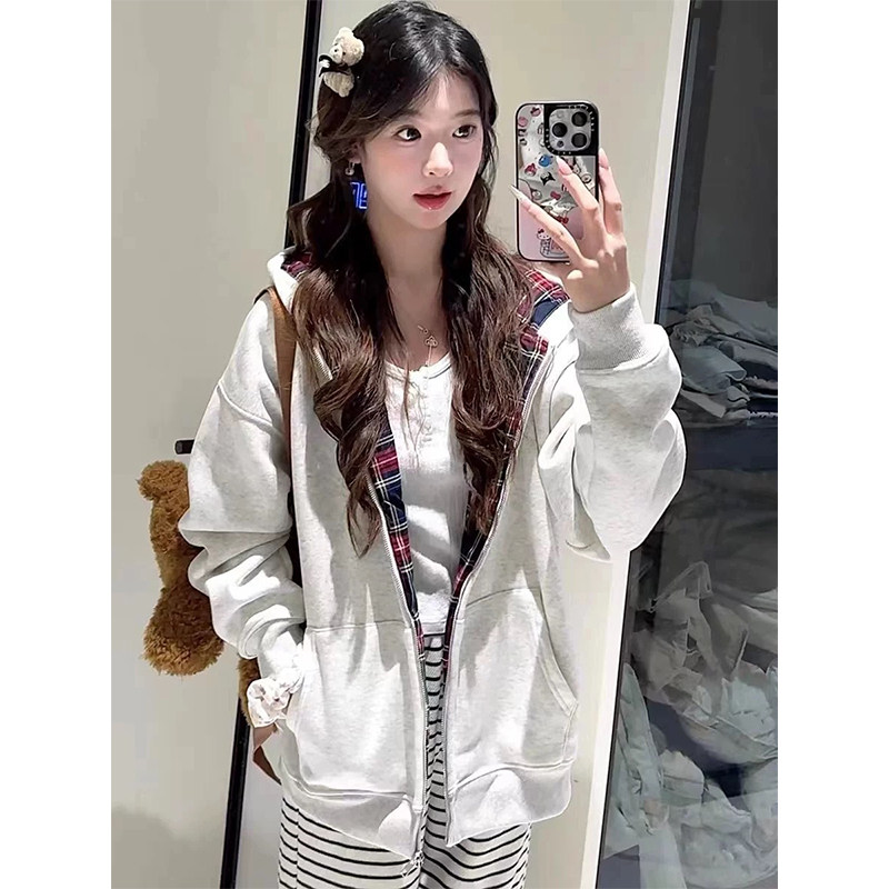 自带慵懒拼接红格学院风连帽卫衣女宽松ins韩版开衫拉链美式外套