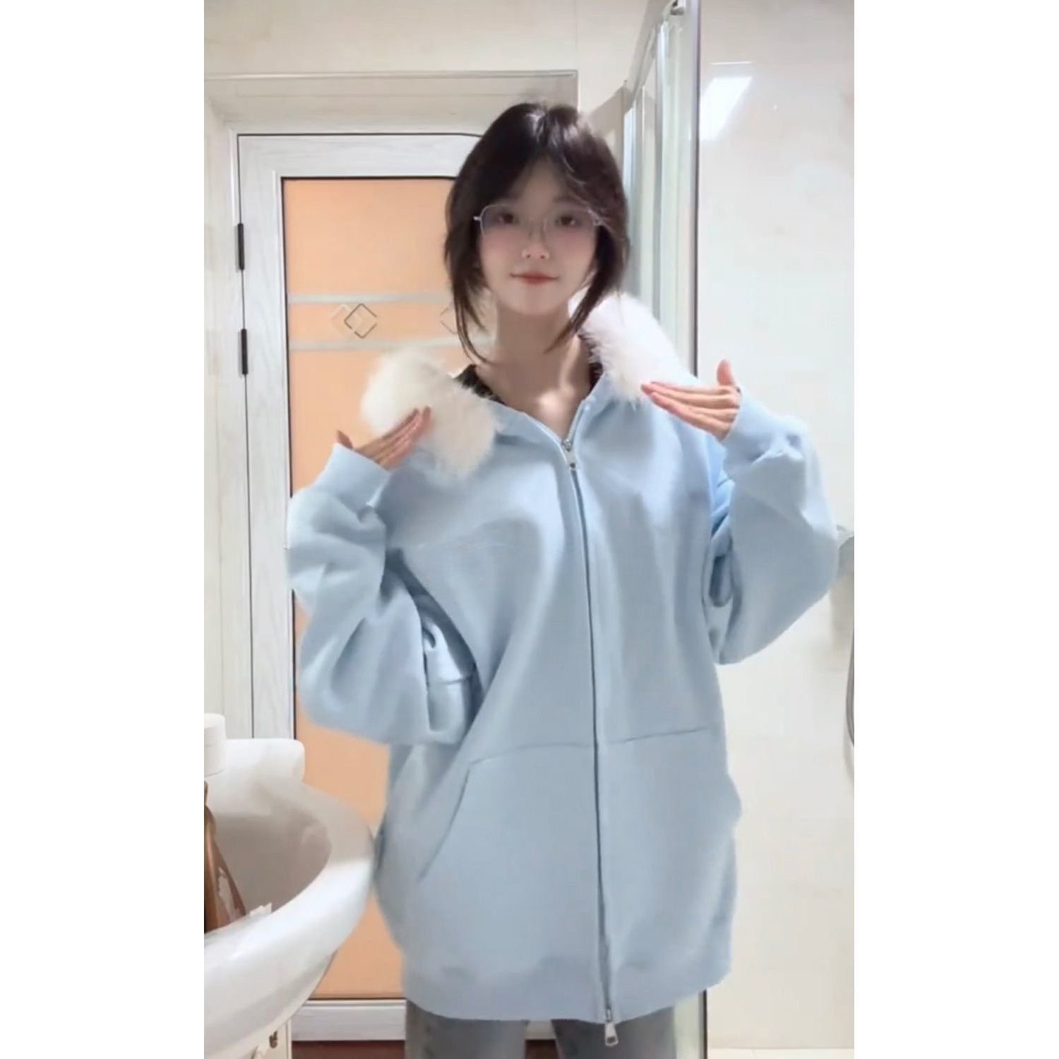 美式复古猫猫耳朵毛领连帽长袖卫衣女秋冬慵懒风加绒加厚拉链外套