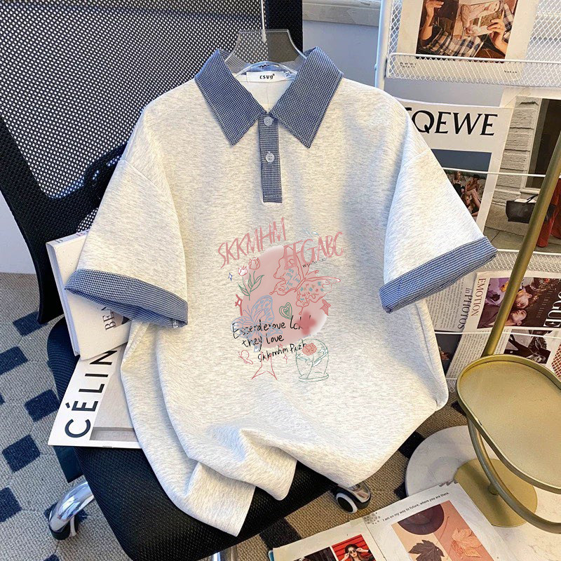 2026夏季衬衫格子拼接两件新款T恤宽松短袖情侣短袖polo衫男女款