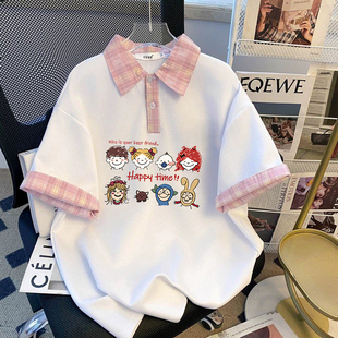 2026夏季短袖polo翻领宽松大码拼接学院风格子上衣新中式胖mm潮牌