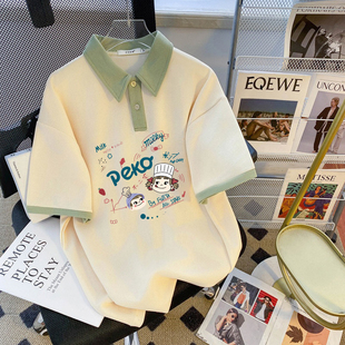 大码宽松新款拼接2026紫色格子polo短袖T恤夏季翻领印花上衣夏季