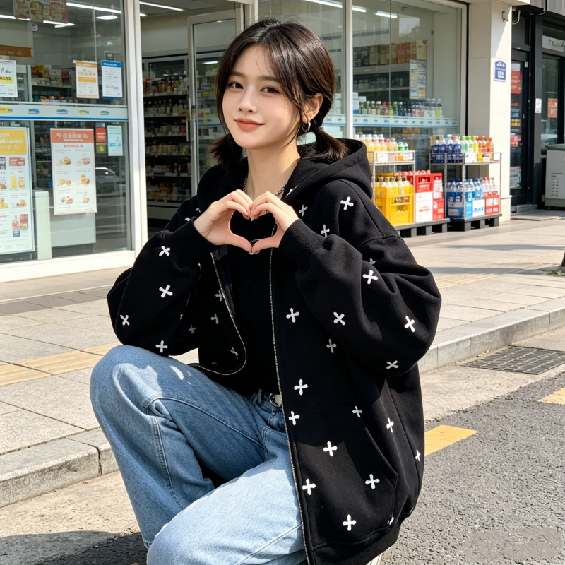 日系简约慵懒风印花连帽拉链开衫女宽松休闲卫衣气质减龄长袖外套