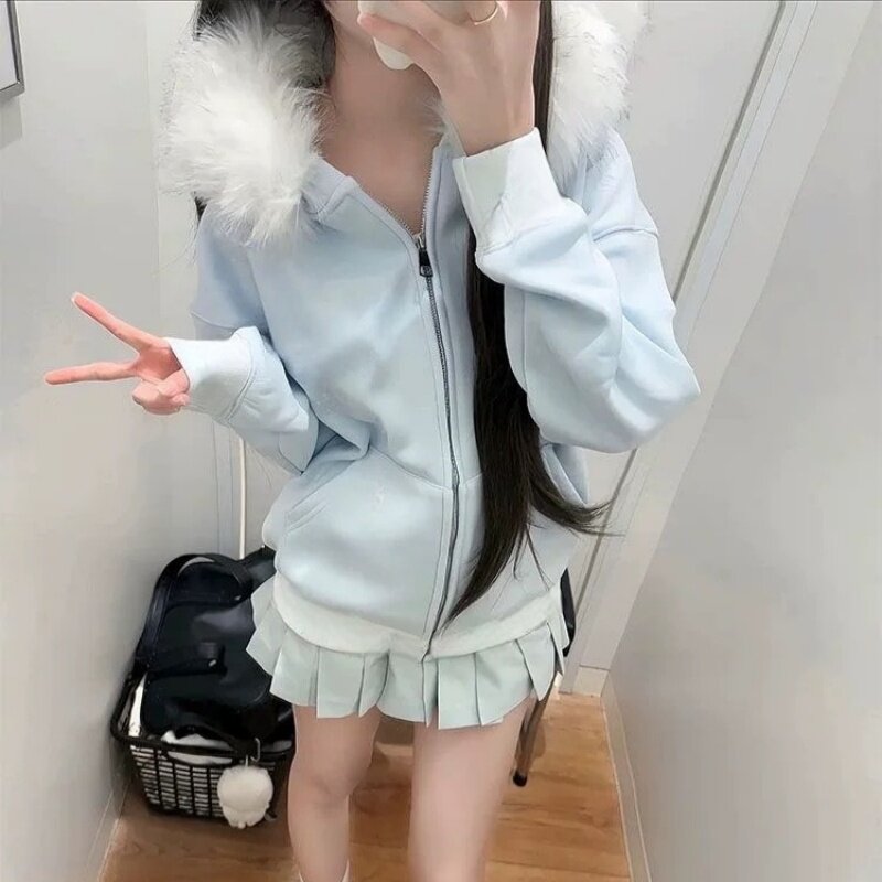 美式复古小众设计感毛领连帽卫衣外套女秋冬加绒加厚韩系拉链上衣