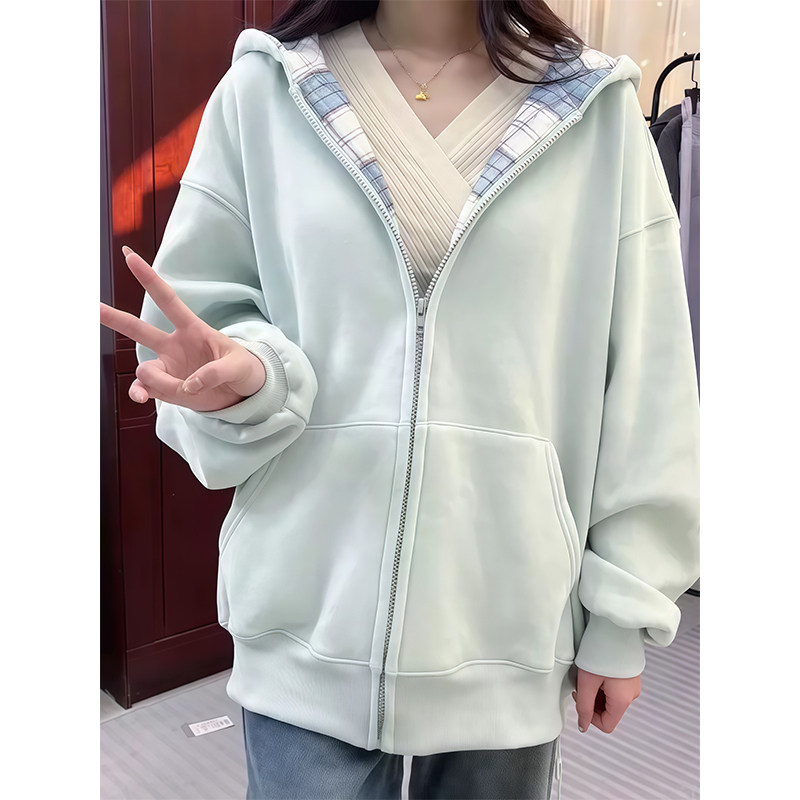 美式格纹拼接卫衣女2026秋冬新款宽松慵懒风oversize开衫连帽外套