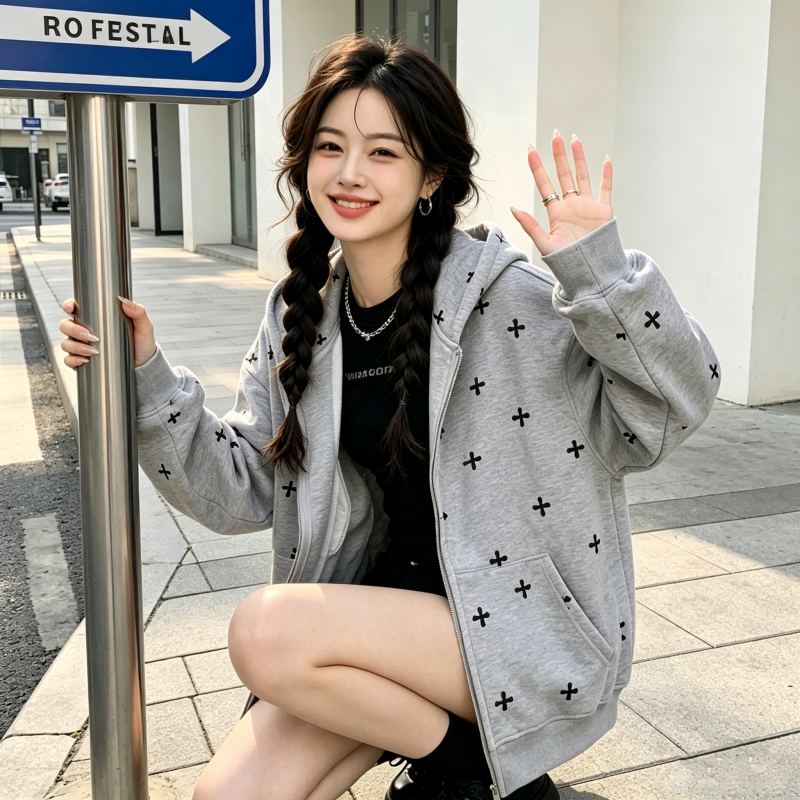 清新美式印花连帽拉链开衫女宽松休闲卫衣学院风显瘦潮流长袖外套