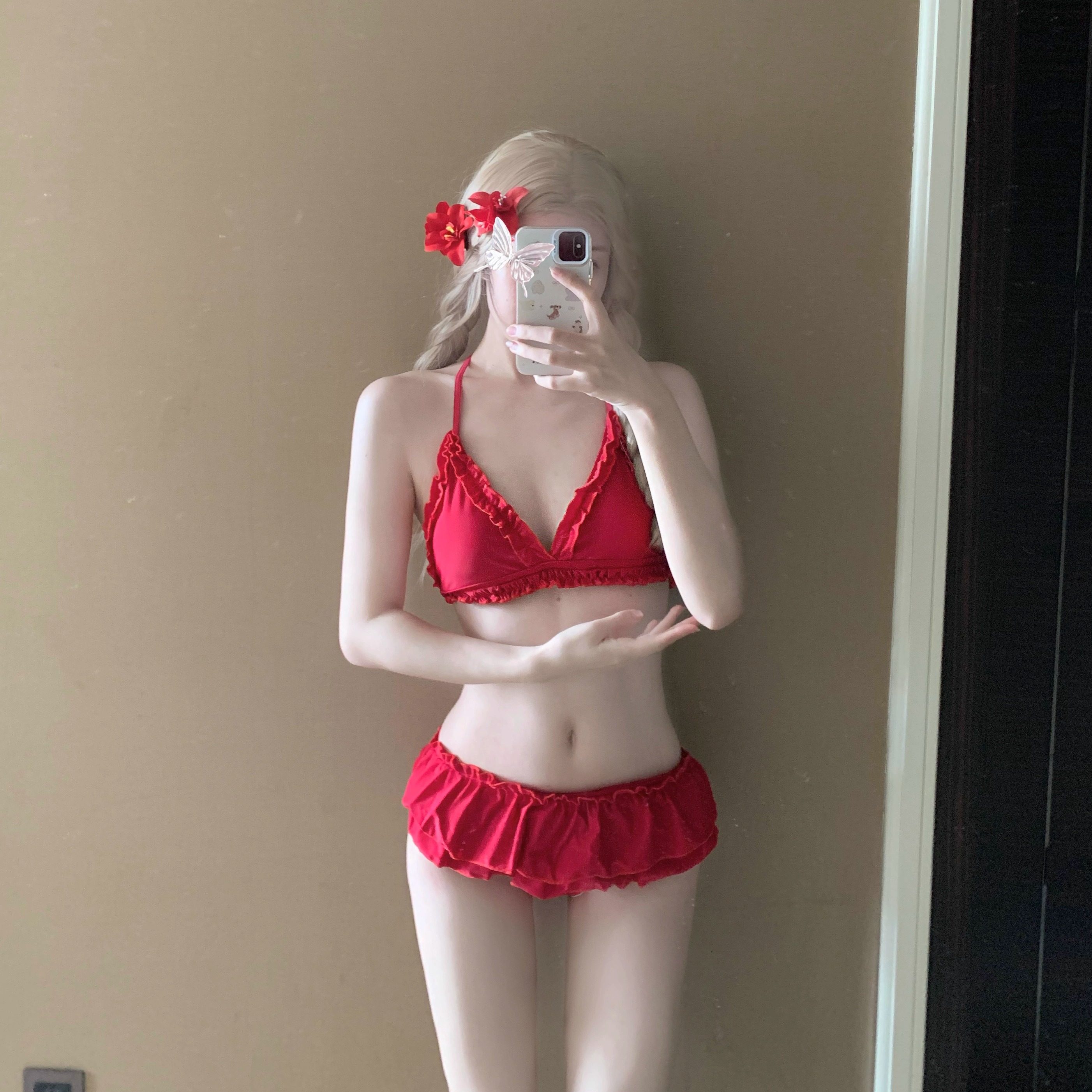 AYSTUDIO日系可爱少女辣妹绝美比基尼荷叶边高级感温泉红色泳衣女