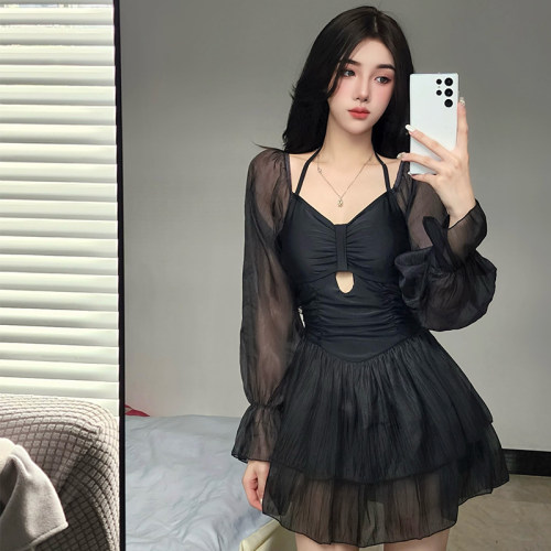 长袖女连体裙式抽褶遮肉显瘦