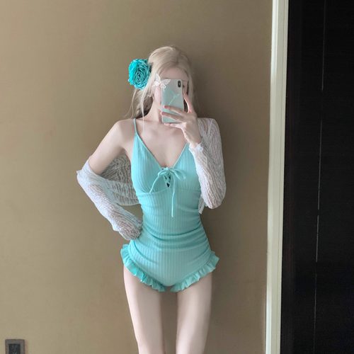 新款长袖蕾丝温泉罩衫连体泳衣女