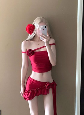 AYSTUDIO2025新款比基尼性感辣妹风红色花朵度假泡温泉分体泳衣女