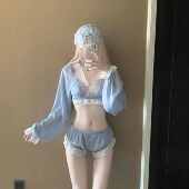 AYSTUDIO法式 复古纯欲蕾丝边分体泳衣女长袖 平角保守比基尼泡温泉