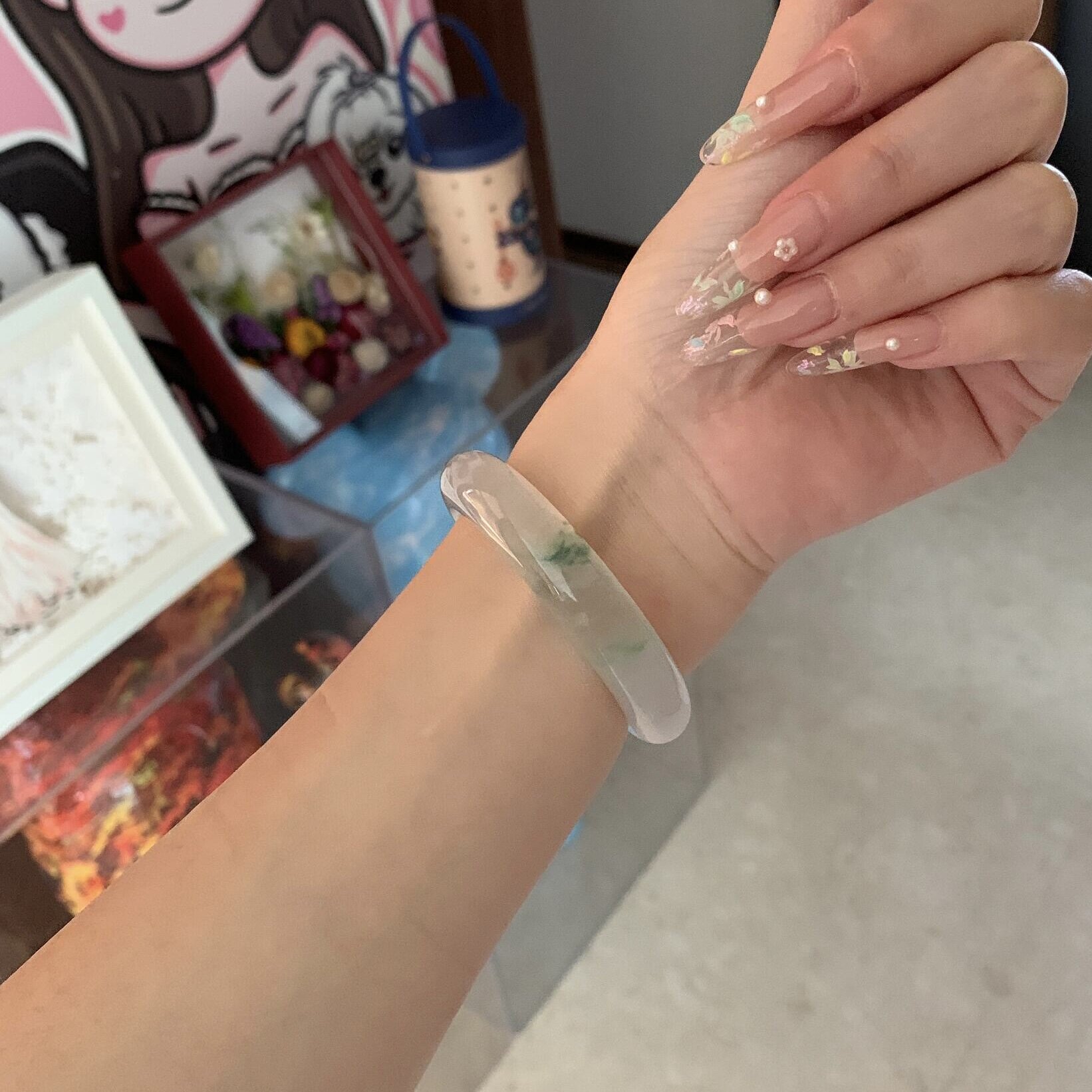 玉长情【堇月安然】缅甸高端翡翠冰透一抹绿飘花玉手镯子真玉处理