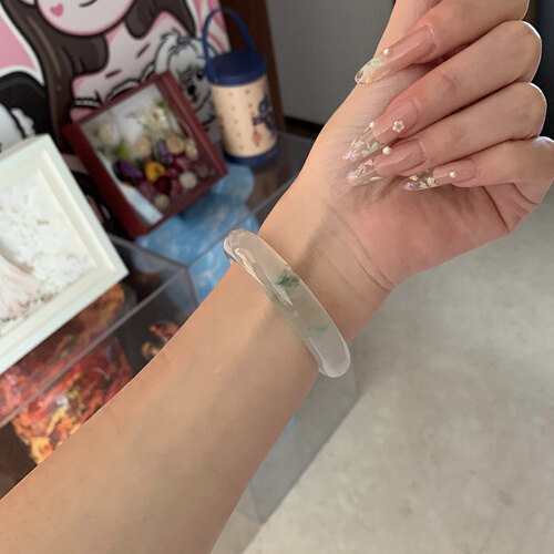玉长情【堇月安然】缅甸高端翡翠冰透一抹绿飘花玉手镯子真玉处理