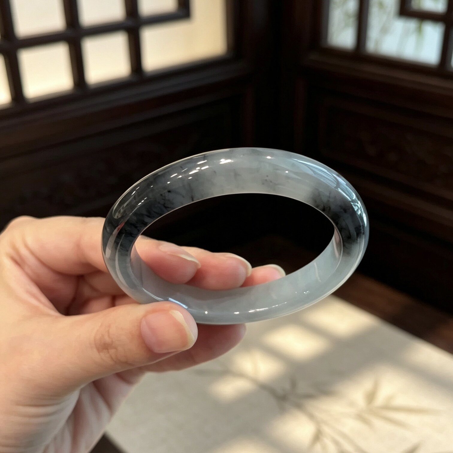 玉长情【婉凝若水】高端缅甸翡翠冰种墨飘花玉手镯子正品真玉处理