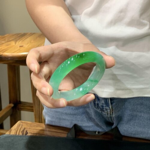 玉长情【黛粉清宁】缅甸高端翡翠冰透半山水玉手镯子正品真玉处理