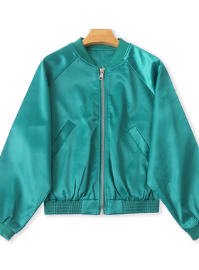 缎面夹克外套  秋季新款外贸女装小立领拉链长袖显瘦棒球服32564
