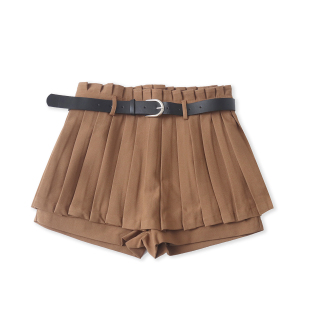 时尚 百褶短裤 外贸女装 春夏新款 减龄花边自然腰侧拉链显瘦33211 裙