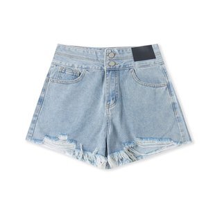 时尚 牛仔短裤 外贸女装 新款 高腰拉链纽扣破洞流苏阔腿33250 夏季