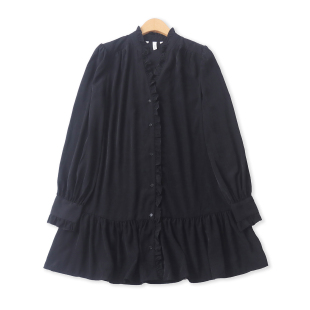 款 木耳边立领单排扣长袖 连衣裙 外贸女装 33805 春夏新款 木耳边衬衫