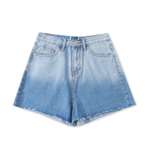 高腰拉链纽扣毛边阔腿短裤 渐变牛仔短裤 外贸女时尚 新款 33182 夏季