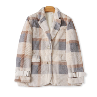 冬季 领两粒扣长袖 新款 西装 格子32521 外贸女装 仿皮草夹棉加厚外套