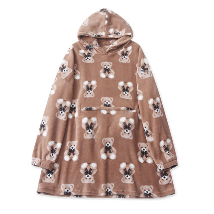 中长款毛绒家居服 秋冬新款外贸女连帽领长袖袋鼠袋套头绒衫33221