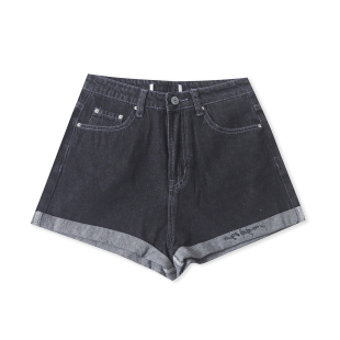 高腰拉链纽扣刺绣翻边阔腿短裤 牛仔短裤 外贸女装 新款 33242 夏季