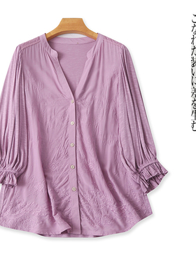 拼接刺绣小衫  春秋新外贸女装时尚V领单排扣泡泡七分袖上衣29026