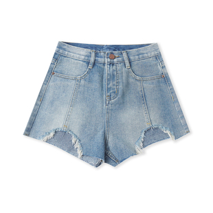高腰拉链纽扣毛边阔腿短裤 水洗棉牛仔短裤 33376 时尚 女装 夏季 新款