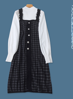 小香风假两件连衣裙 春秋新外贸女装半高领套头长袖拼色拼接30549