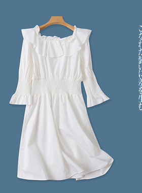 连衣裙 夏秋新外贸女时尚修身荷叶边领七分袖松紧腰套头中裙31963