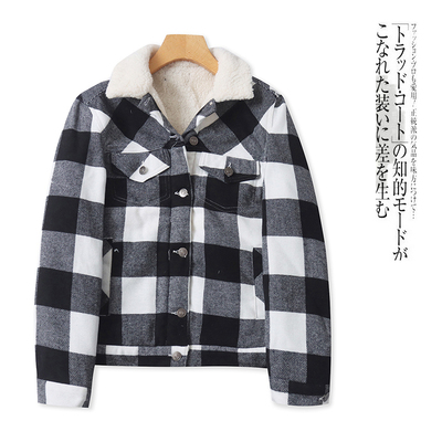 羊羔绒格子外套 冬新外贸女装翻领长袖单排扣多口袋拼色上衣30200
