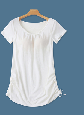 罩杯一体T恤 夏季新款外贸女装时尚圆领套头短袖抽绳系带T恤31850