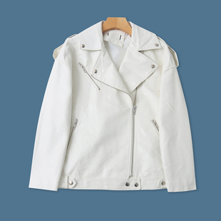 宽松翻领拉链长袖 pu皮机车服外套 时尚 外贸女装 上衣33427 春秋新款