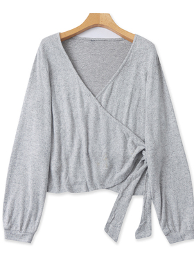 系带针织衫  春秋新款外贸女装时尚减龄交叉V领长袖开衫上衣33285