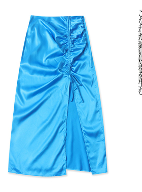 缎面仿真丝半身裙 夏季新外贸女装自然腰侧拉链抽绳系带开叉31148