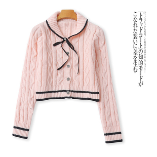 开衫毛衣  秋季新外贸女装时尚甜美翻领单排扣撞色麻花毛衣32203