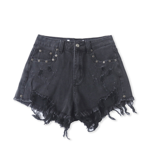 女装 牛仔棉短裤 夏季 新款 青春高腰拉链纽扣破洞流苏阔腿33310 时尚