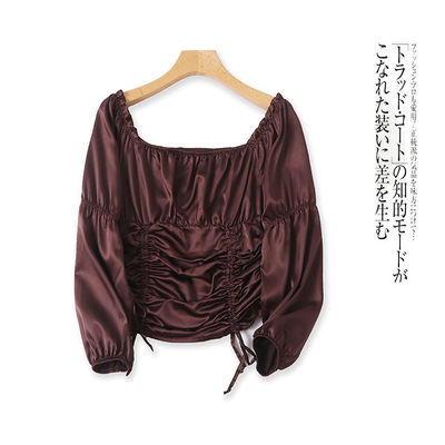 缎面仿真丝小衫 春夏新外贸女一字领套头九分袖褶皱系带衬衫31245