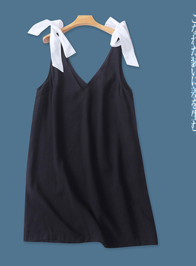 背带裙  夏季新款外贸女装时尚宽松减龄系带蝴蝶结V领套头裙30737