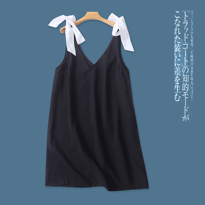 背带裙  夏季新款外贸女装时尚宽松减龄系带蝴蝶结V领套头裙30737