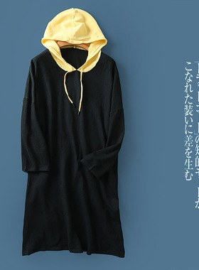 中长针织卫衣  秋新女装连帽领系带九分袖撞色拼接套头上衣27027