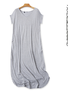 大版型人棉睡裙  夏季新外贸女装V领套头短袖直筒开叉中长裙29184