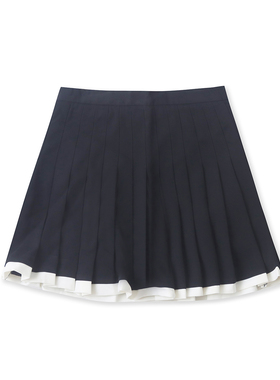 学院风百褶短裙 夏新款外贸女装自然腰拉链纽扣显瘦撞色短裙33714