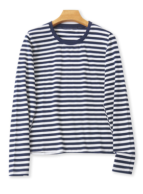 条纹棉T恤  秋季新款外贸女装简约百搭圆领套头长袖显瘦上衣32566