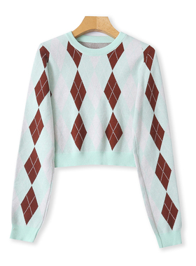 提花毛衣 秋季新款外贸女装时尚宽松圆领套头长袖拼色菱形格32604