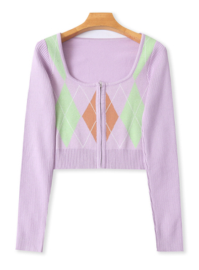 针织开衫毛衣 秋季新款外贸女装方领拉链长袖提花菱形格开衫32565