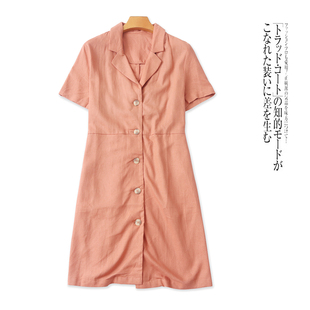 领单排扣短袖 亚麻衬衫 西装 夏新外贸女装 半松紧腰显瘦中裙31909 裙