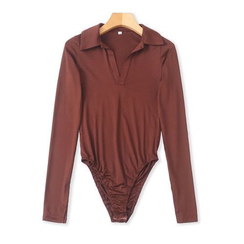 T恤连体衣 秋季新款外贸女装修身翻V领长袖两粒扣打底定位衣35394