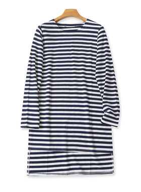 中长款细毛圈棉T恤  秋新款外贸女圆领套头长袖拼色条纹开叉32608