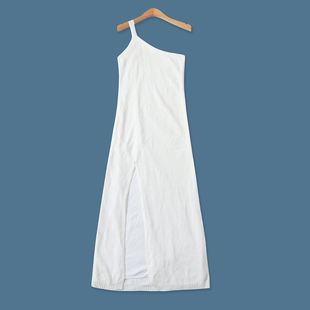 亮丝针织连衣裙 春秋新款外贸女装单肩斜领套头包臀开叉长裙33206